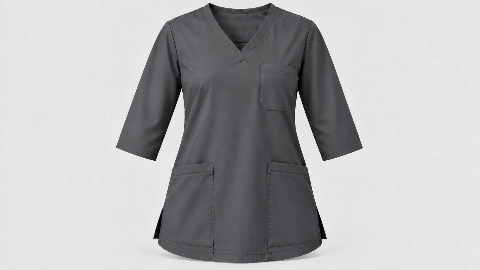 Gray V-neck scrub top with three-quarter sleeves, two front pockets and a chest pocket.