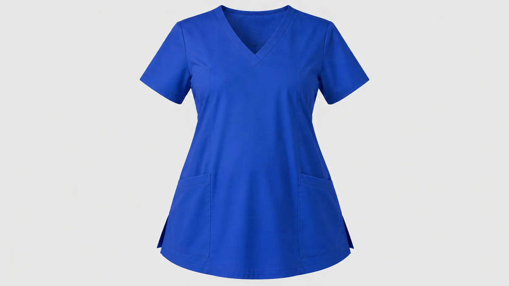 Royal blue A-line scrub top with V-neck, short sleeves, two front pockets and side vents.