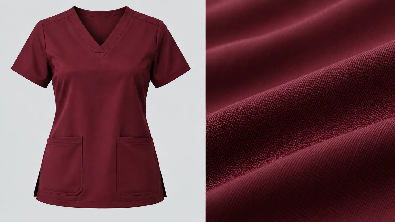 Burgundy V-neck scrub top shown beside a close-up of smooth bamboo fabric.
