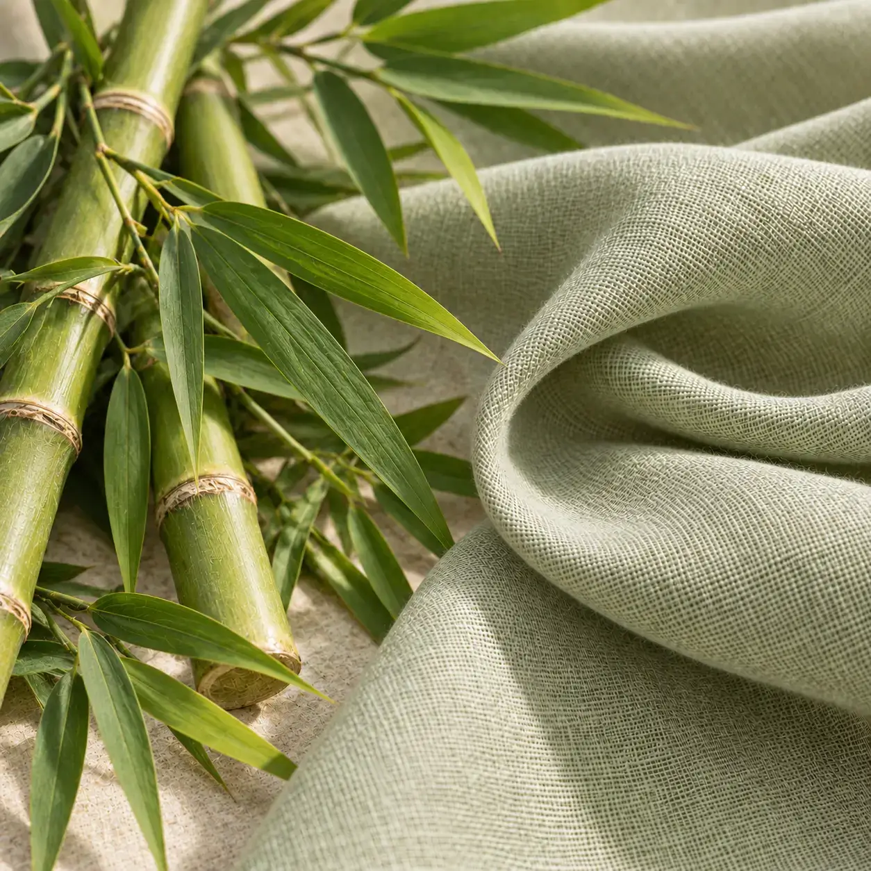 Green bamboo stems and foliage displayed with neutral woven fabric for sustainable apparel production