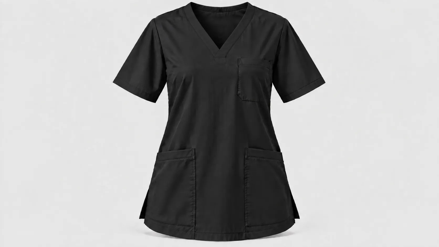 Black V-neck scrub top with short sleeves, chest pocket, two lower patch pockets and side vents.