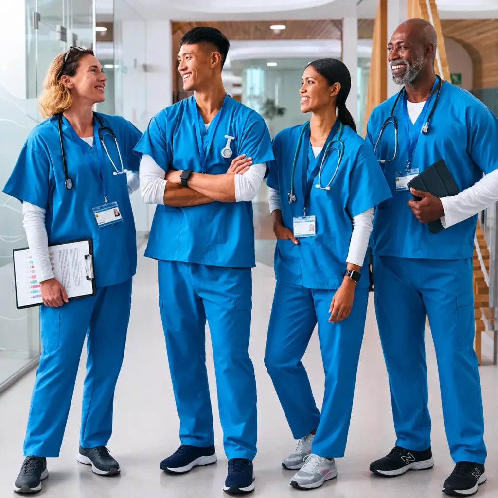 Four medical students wear matching blue scrub uniforms with stethoscopes and ID badges while standing together on campus.