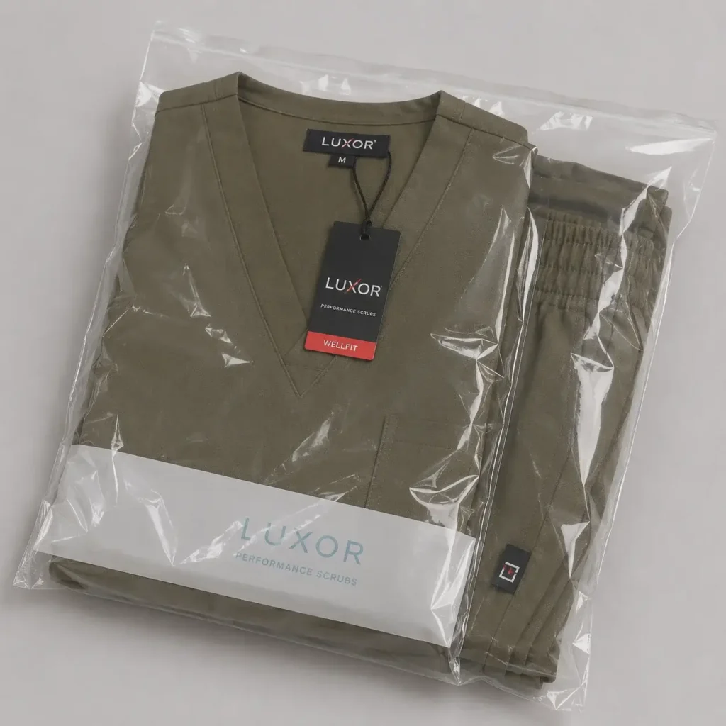 Packaged olive scrub uniform with V-neck top, matching pants, woven brand label for scrub brands.