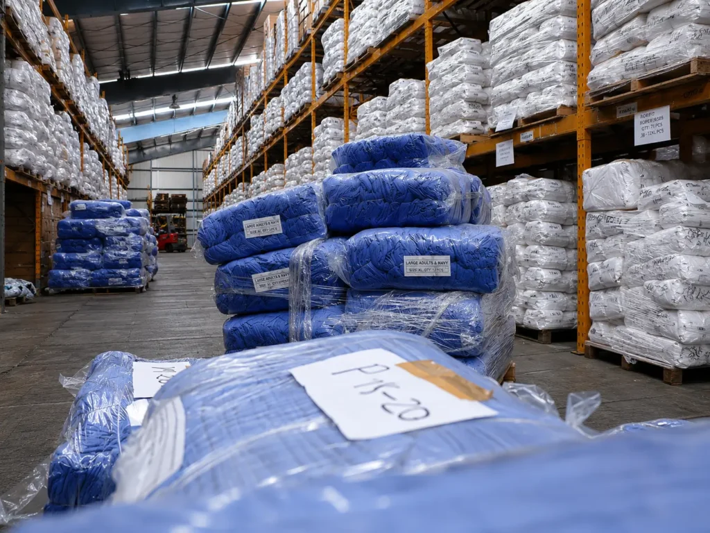 Warehouse aisles filled with packaged blue and white medical scrubs stored for repeat orders and growing demands.