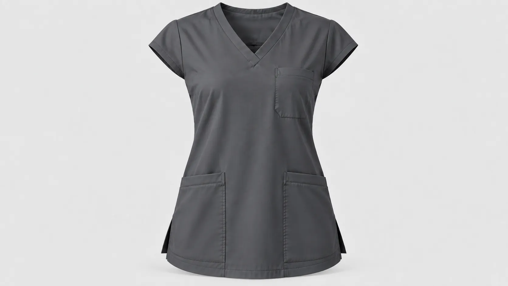 Cap-sleeve gray scrub top featuring a V-neck, side vents and three functional pockets.
