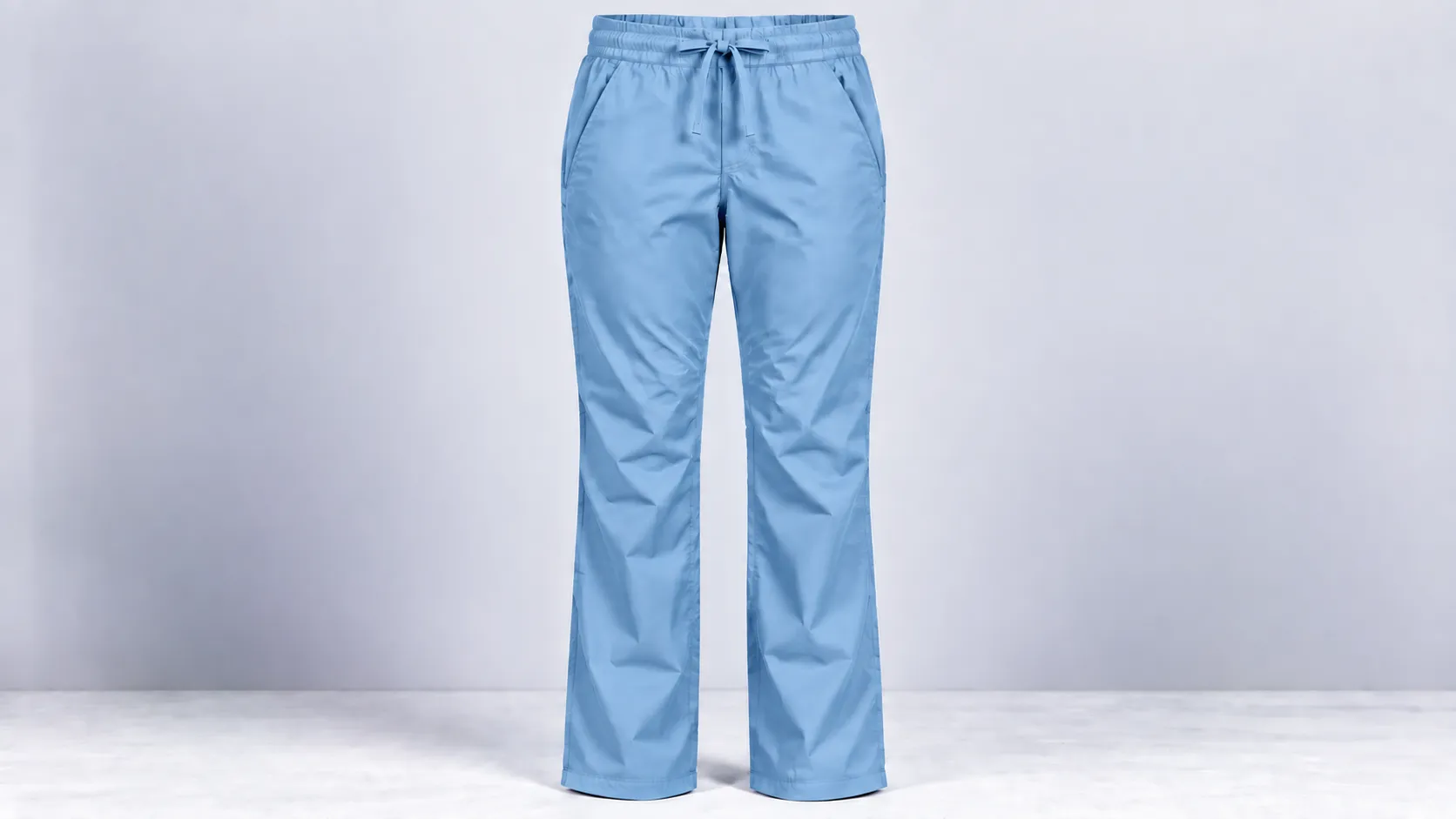 Ceil blue straight-leg scrub pants with an elastic drawstring waistband and front side pockets.