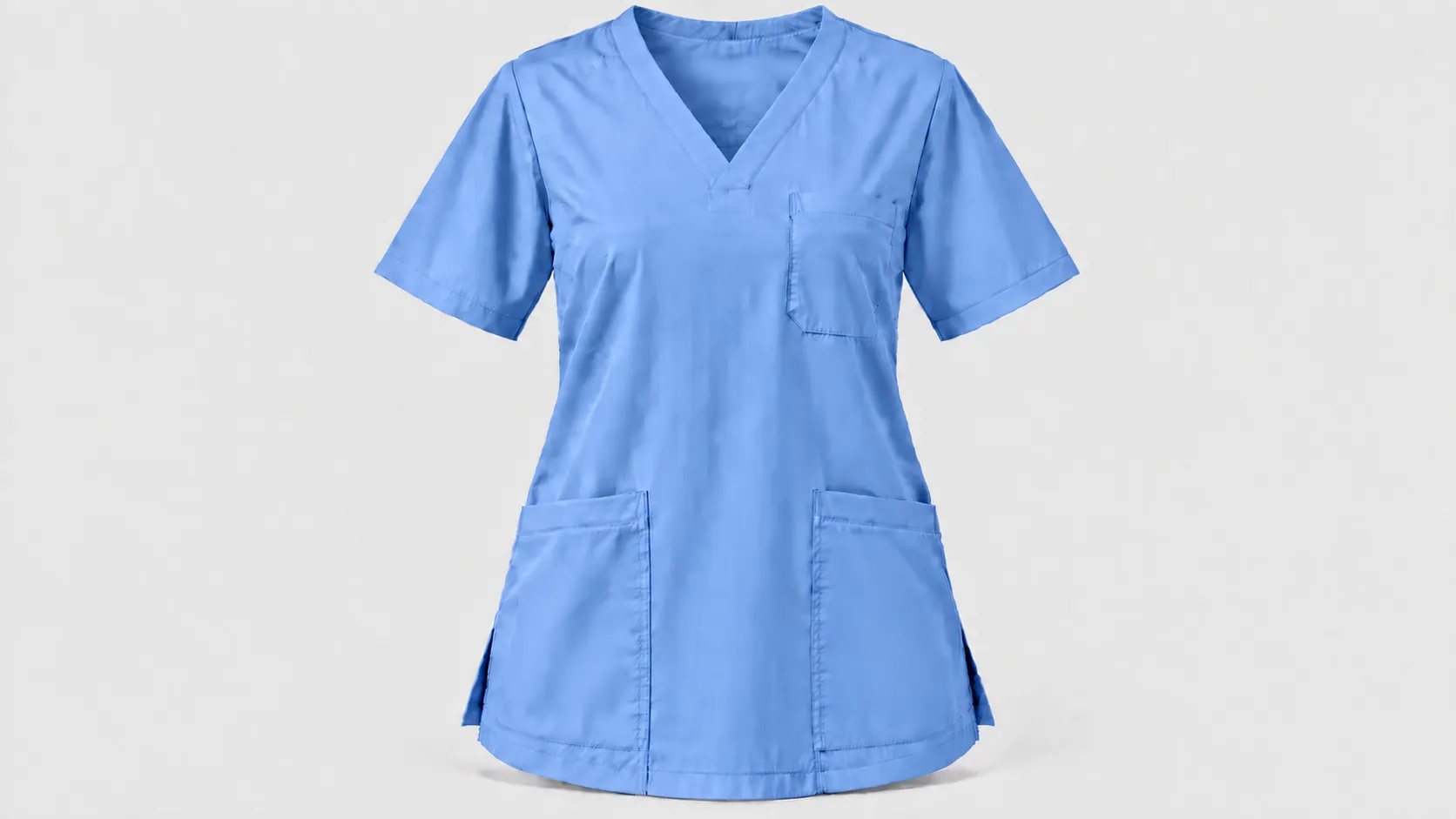 Ceil blue medical scrub top featuring a V-neck, three front pockets, short sleeves and a relaxed fit.