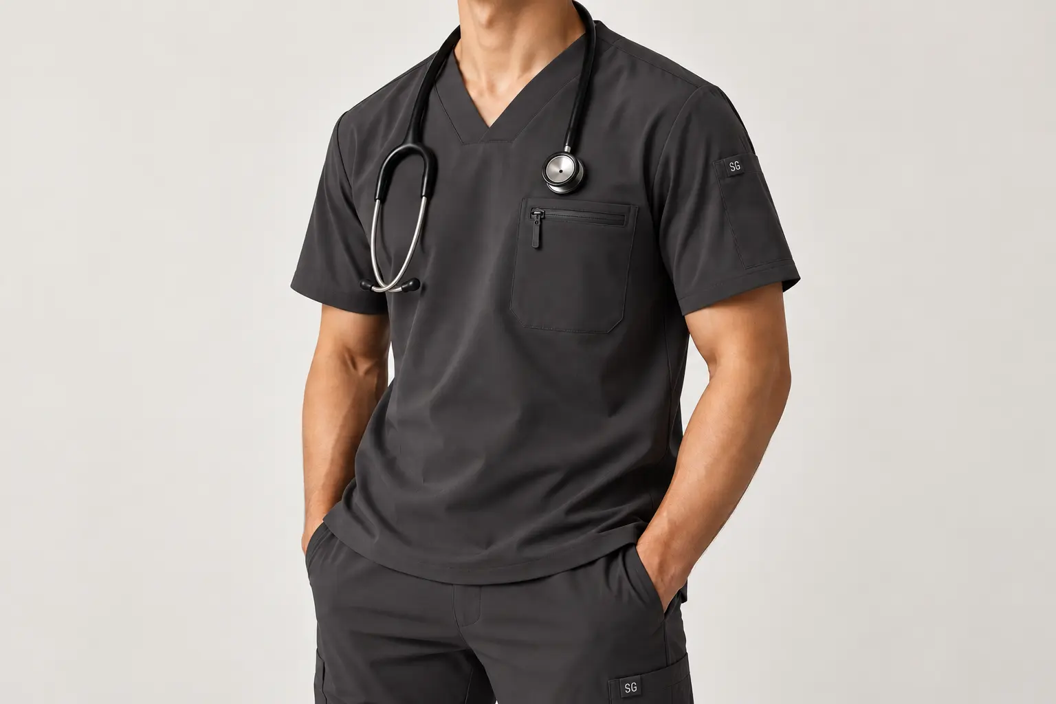 Healthcare professional wearing a charcoal grey V-neck scrub top with short sleeves and a zippered chest pocket.