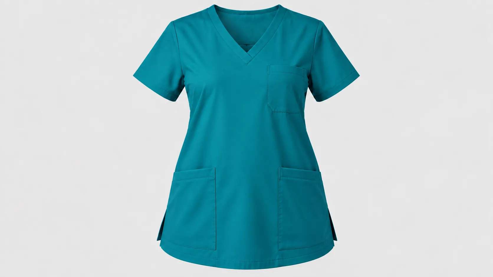 Teal classic scrub top with V-neck, short sleeves, chest pocket and two front patch pockets.