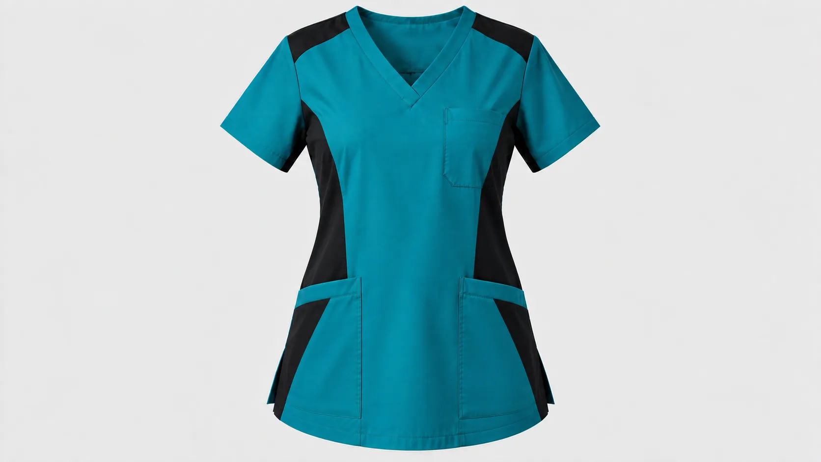 Color-block V-neck scrub top in teal and black with three pockets and contrasting side and shoulder panels.