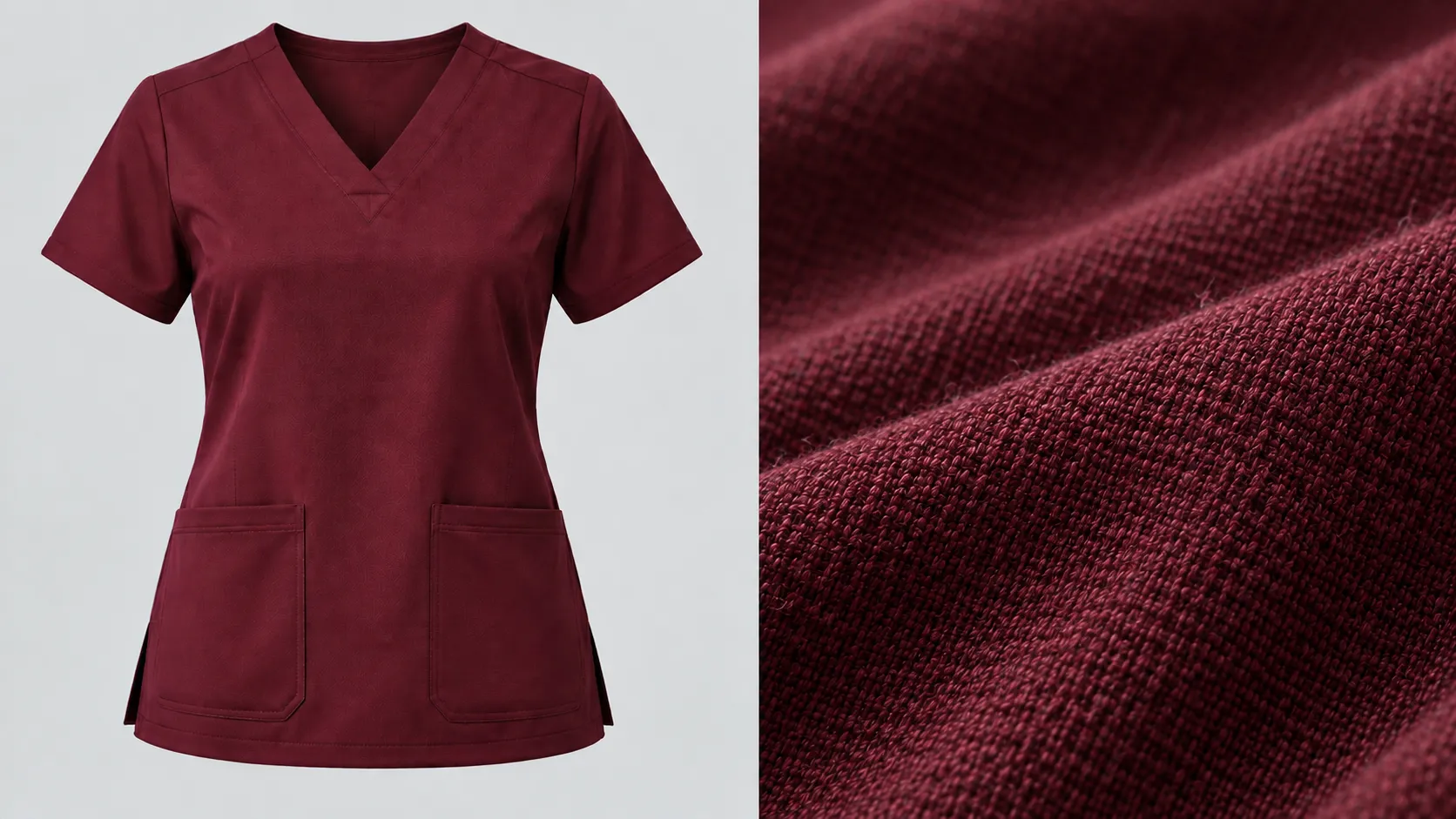 Cotton scrub top in burgundy displayed with a detailed close-up of its woven fabric texture.