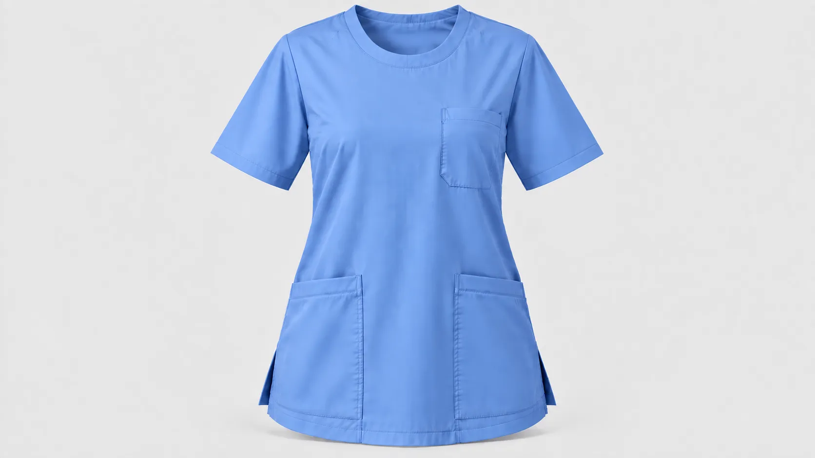 Crew-neck light blue scrub top featuring three front pockets, short sleeves and a relaxed silhouette.