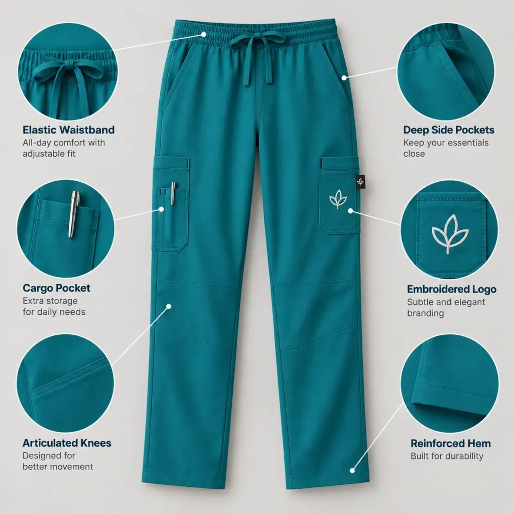 Custom teal scrub pants showing elastic drawstring waist, deep pockets, cargo storage, reinforced hems and logo embroidery.