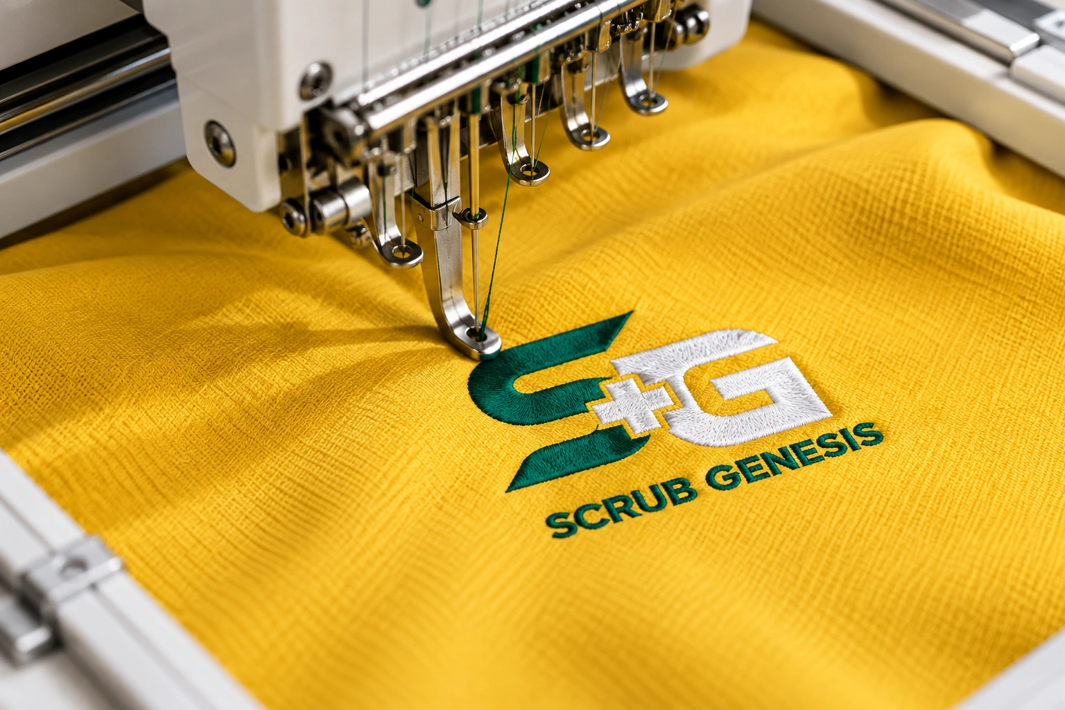 Custom embroidery branding on yellow medical scrub fabric with Scrub Genesis logo.