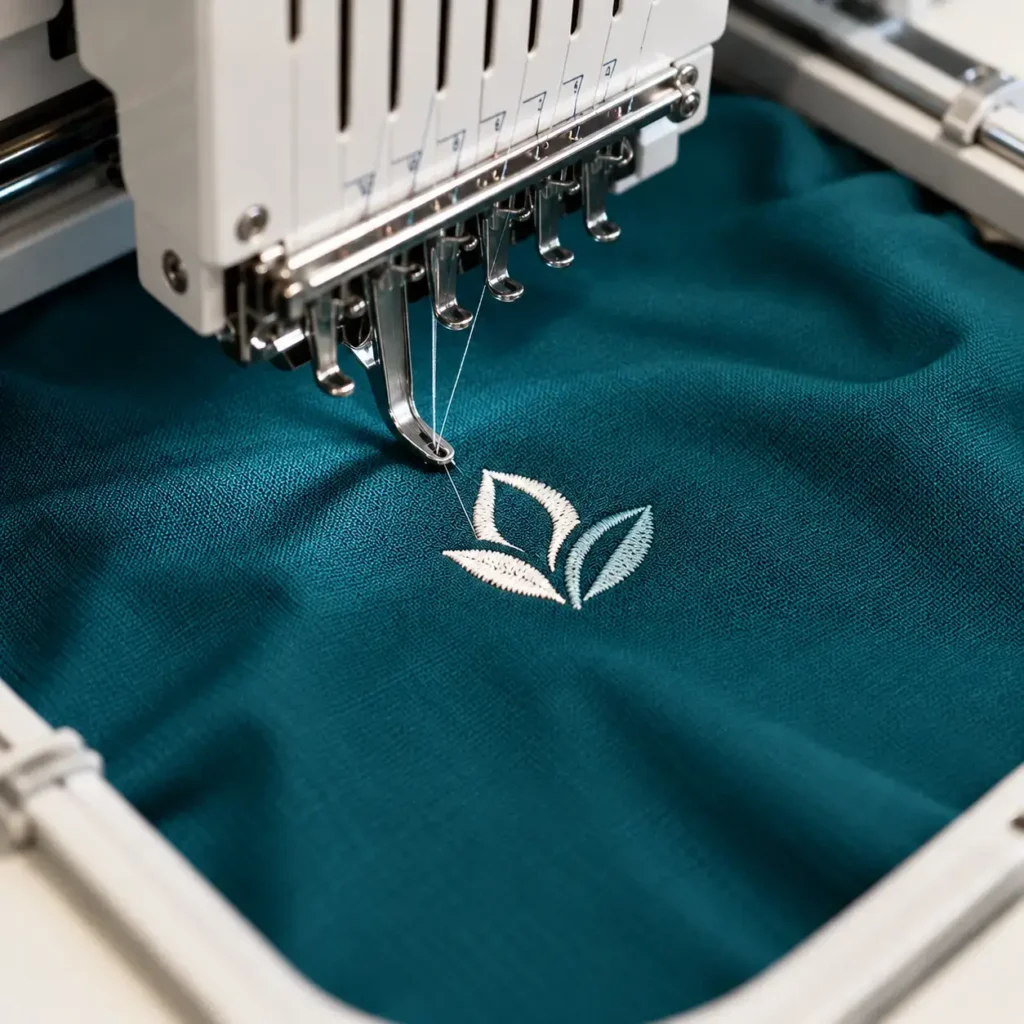 Embroidery machine stitching a custom logo onto teal medical scrub for brand identity.