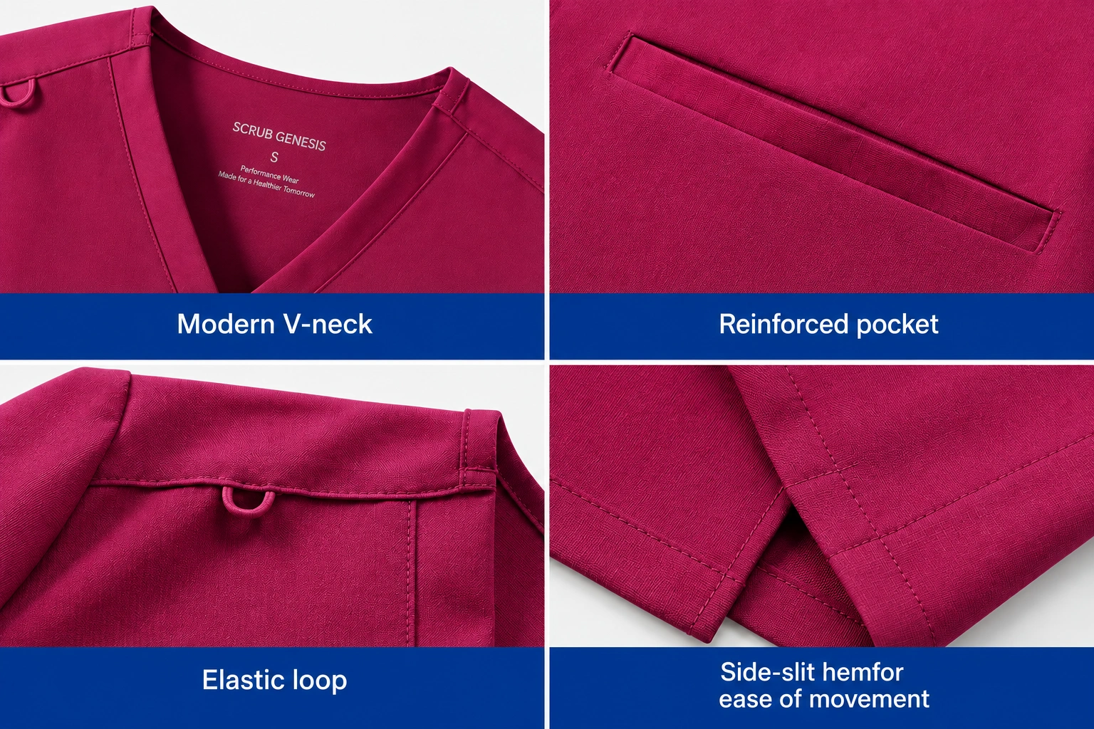 Custom medical scrub manufacturing details showing a magenta scrub top in a four-panel layout.
