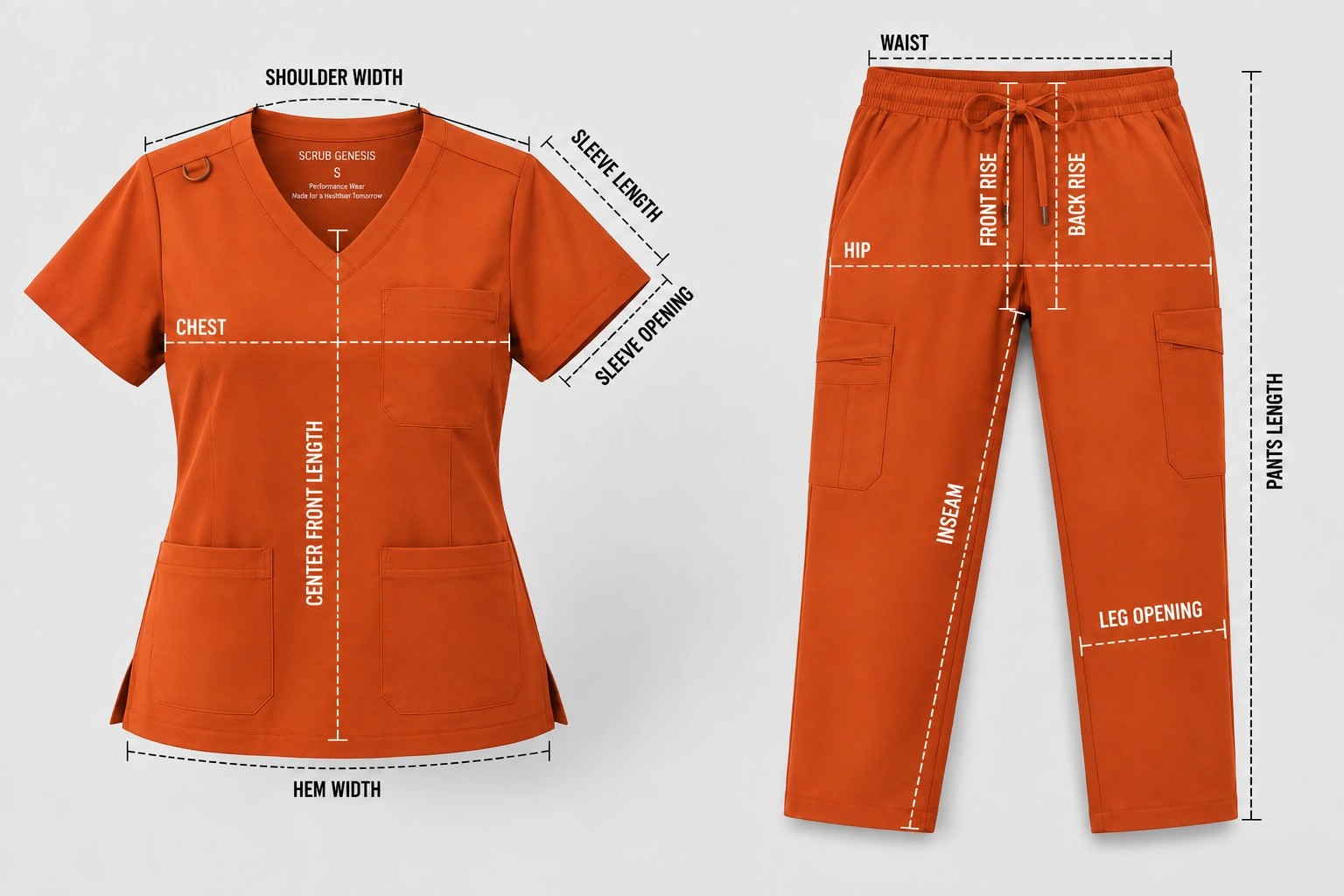 Custom medical scrub product design with detailed garment measurements.