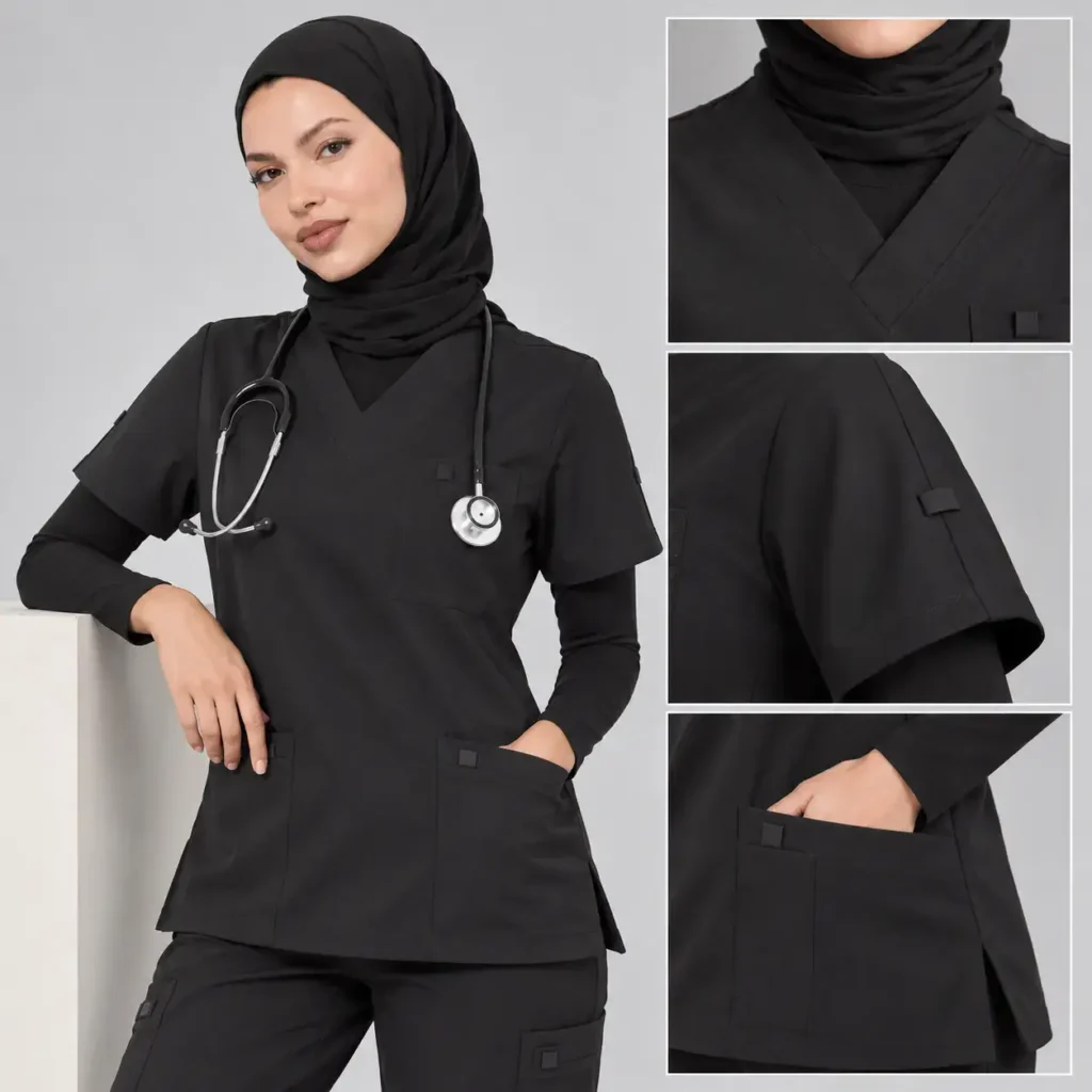 Healthcare professional models a custom black scrub top with functional pockets, V-neck styling and stethoscope.