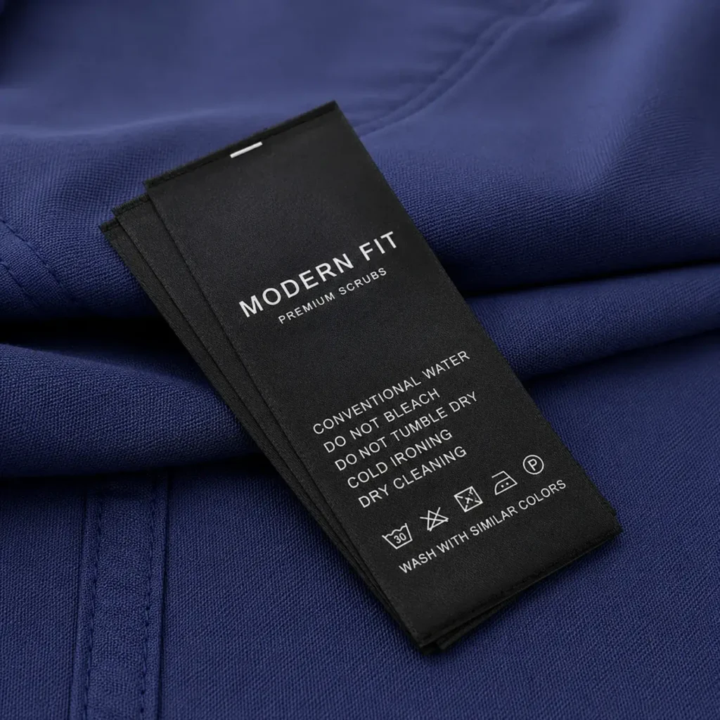 Close-up of navy scrub fabric with a black premium garment label displaying brand details and clothing care instructions.