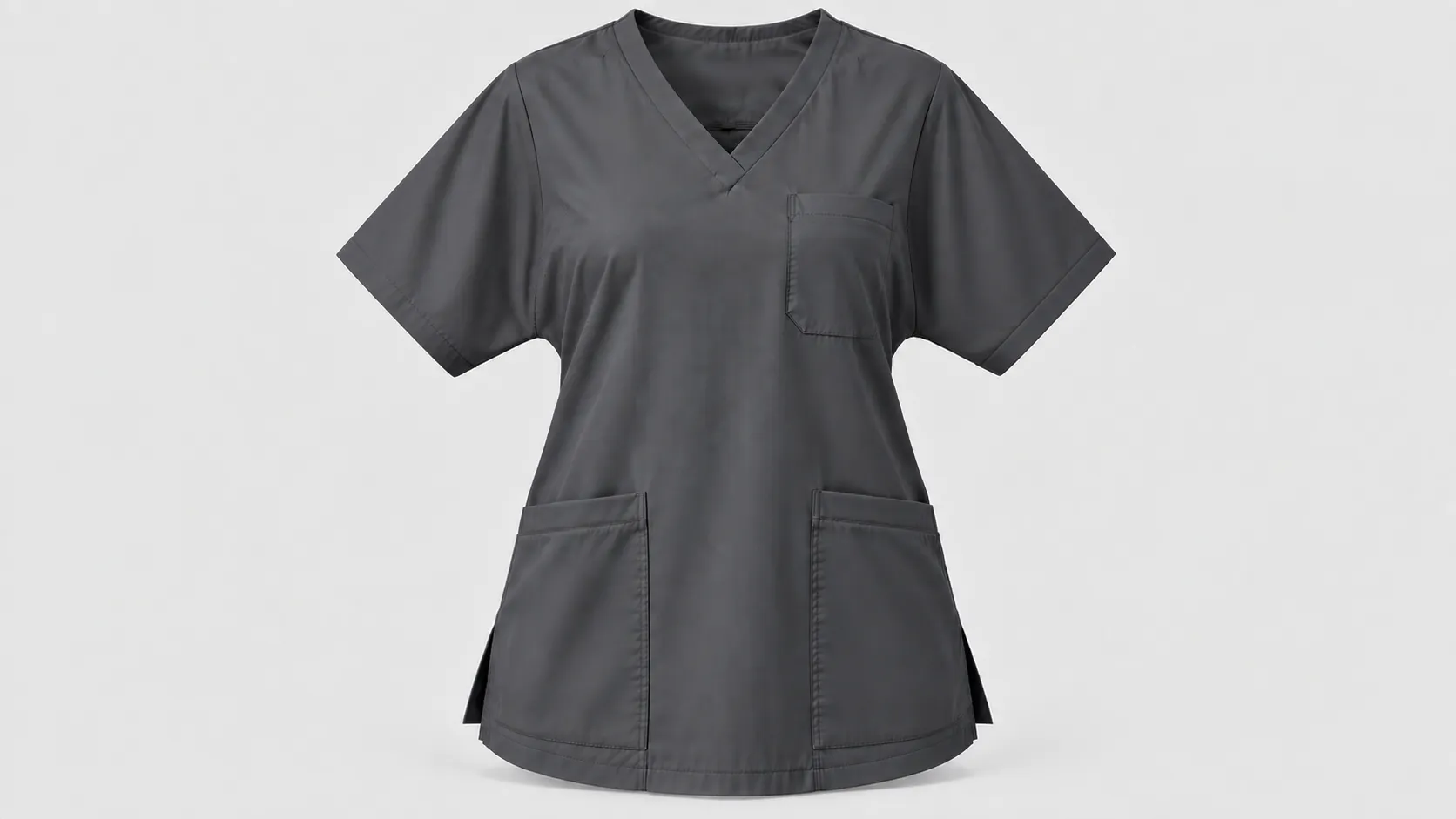 Gray V-neck scrub top with relaxed dolman sleeves, two front pockets and a chest pocket.
