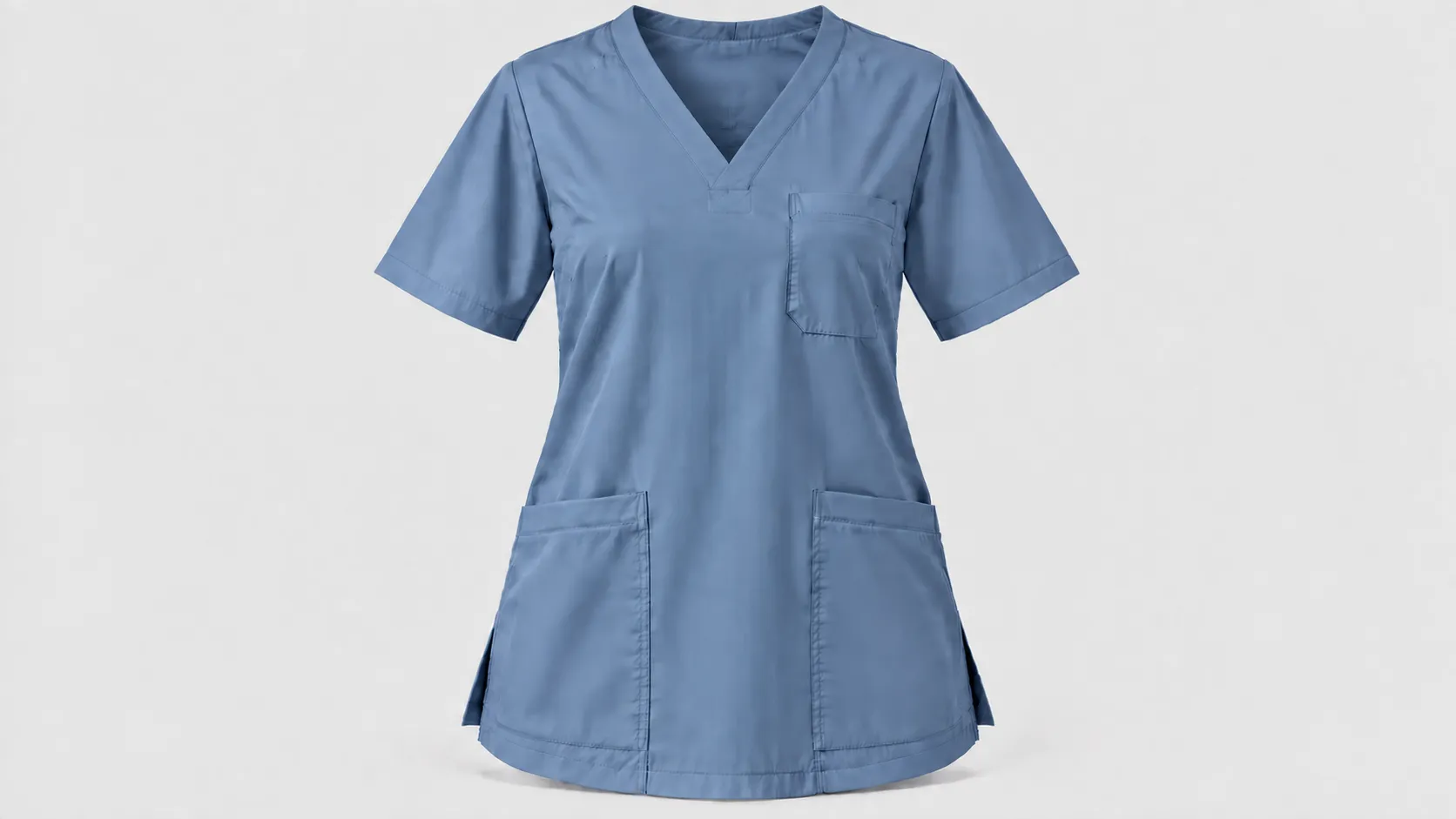 Dusty blue V-neck scrub top with short sleeves, chest pocket, two lower patch pockets and side vents.