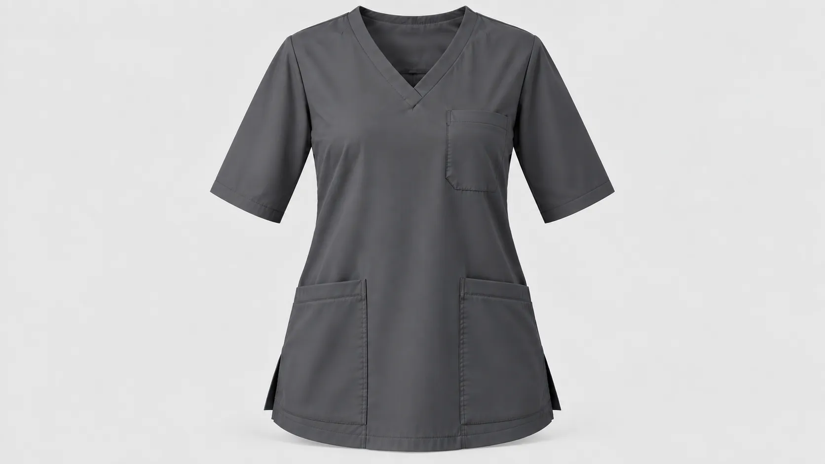 Elbow-sleeve gray scrub top featuring a V-neck, side vents and three functional pockets.