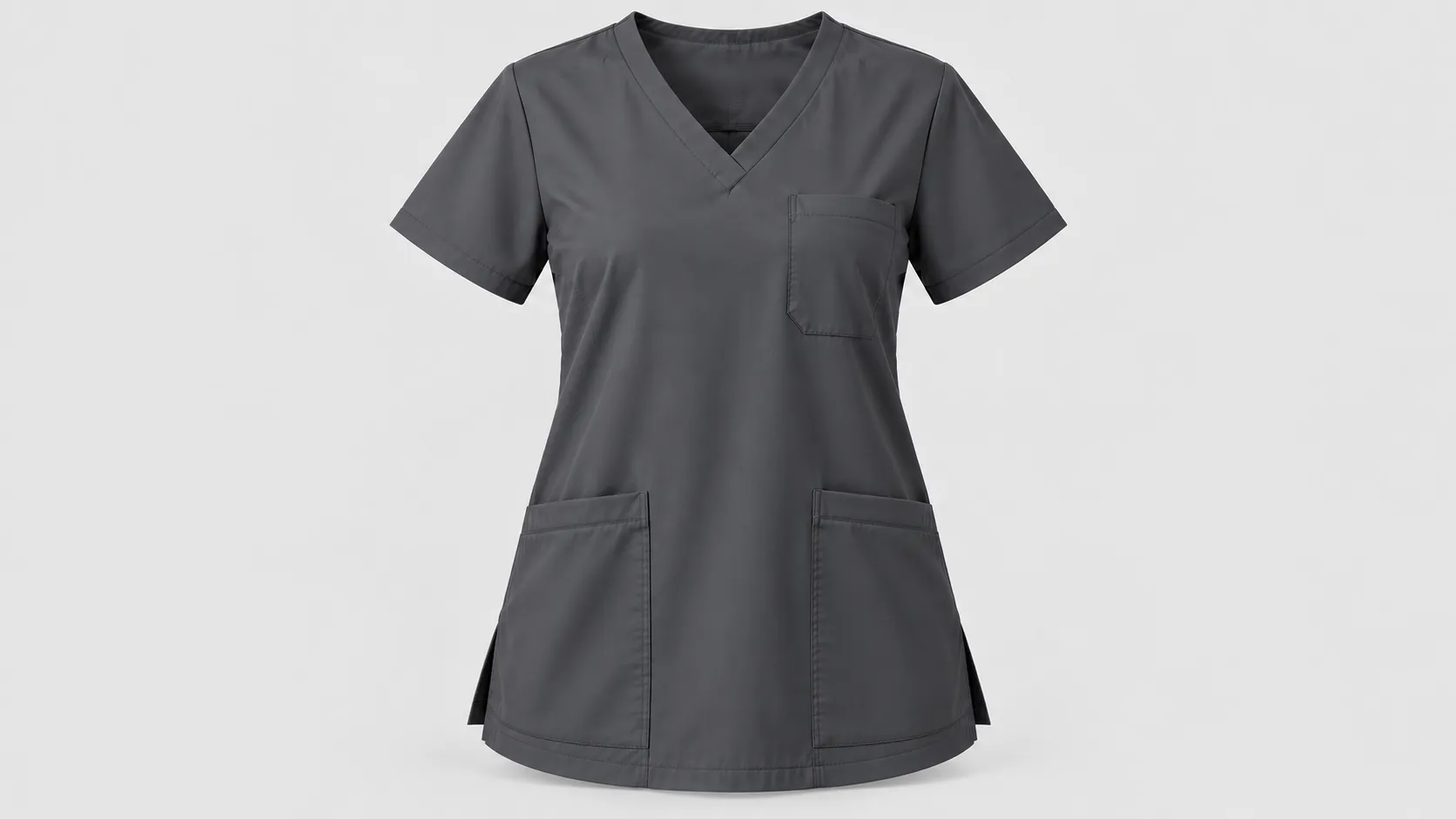 Half-sleeve gray scrub top featuring a V-neck, side vents and three functional pockets.