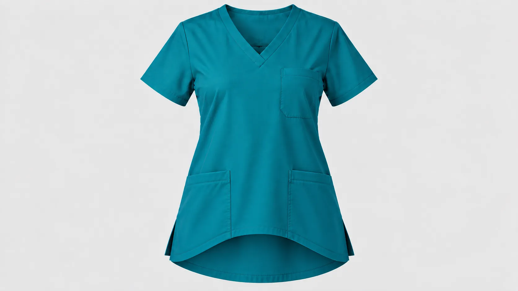 Teal V-neck scrub top with a high-low curved hem, short sleeves, chest pocket and two front pockets.