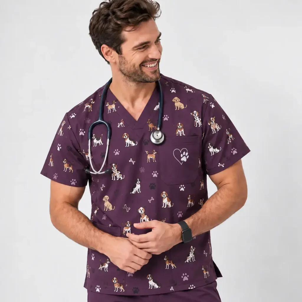 Men's burgundy veterinary scrub top featuring dog and paw prints, a V-neck, chest pocket and professional fit.