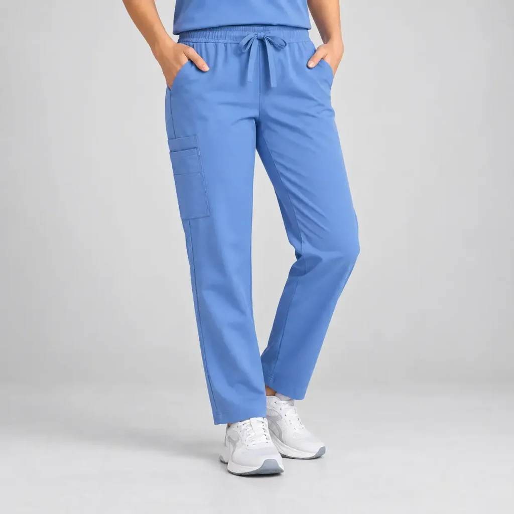 Blue scrub bottoms modeled with an adjustable drawstring waistband, front hand pockets, cargo pocket and straight-leg design.