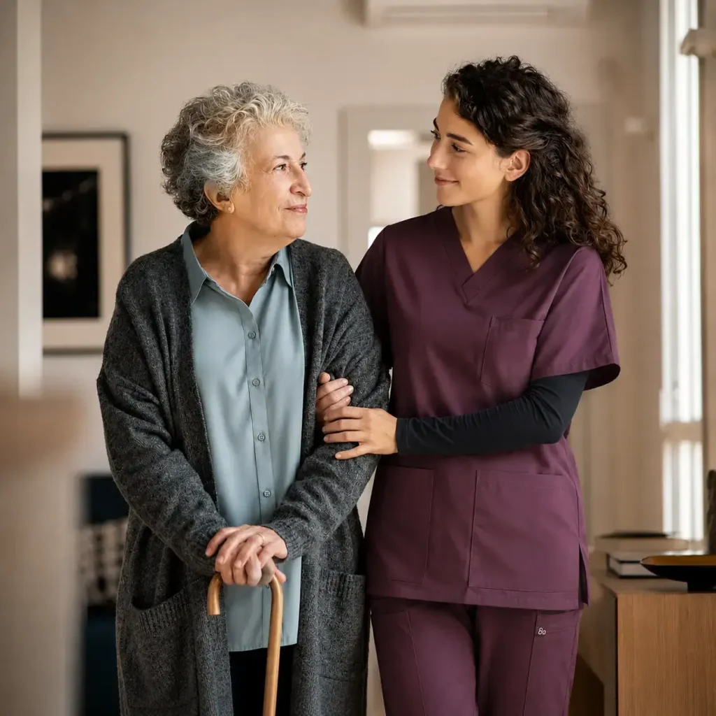 Care professional wearing burgundy scrubs assists an older woman using a cane, representing compassionate home health care.