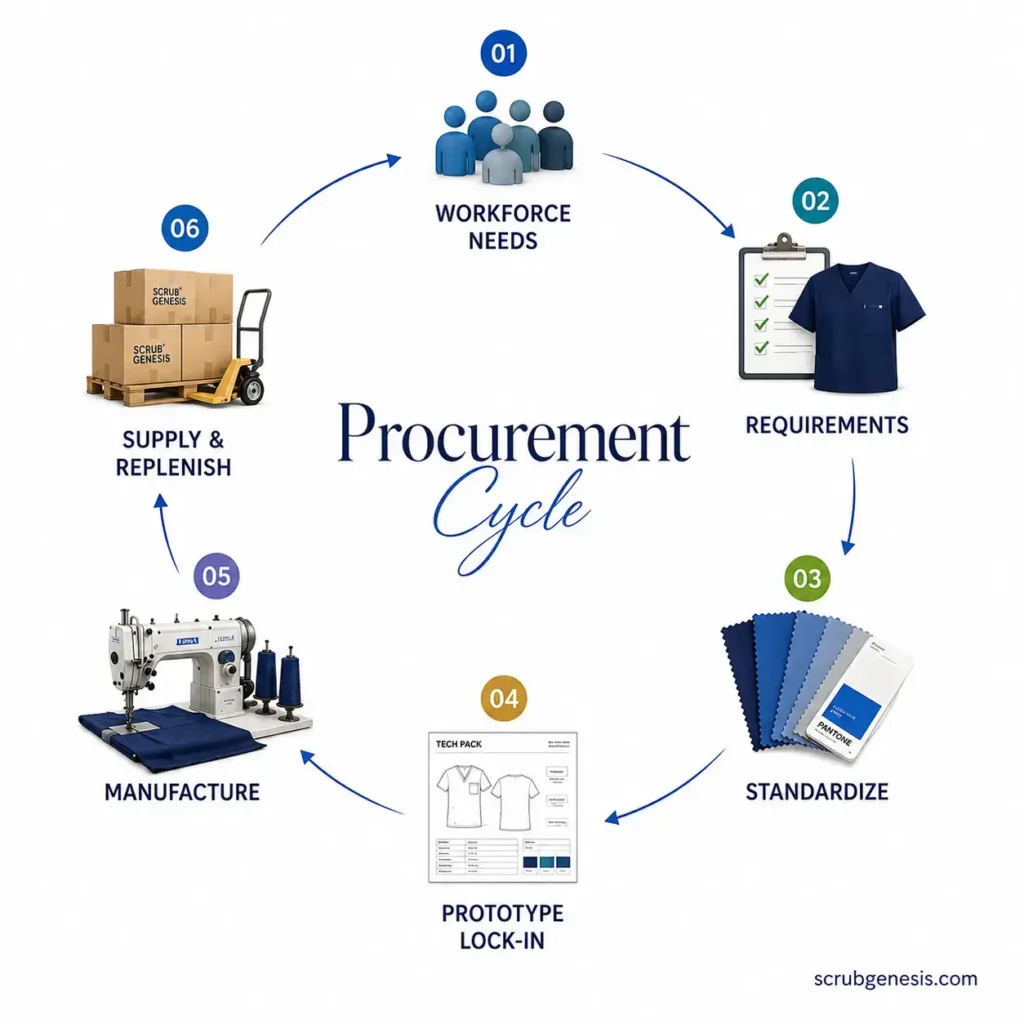 Home health care uniform procurement cycle depicting requirements, standardization and replenishment.