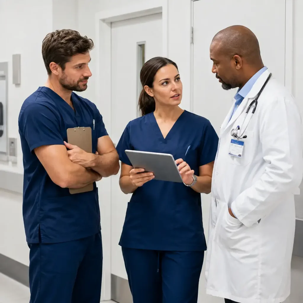 Two hospital professionals in navy medical scrubs review a tablet with a doctor wearing a white coat in a clinical hallway.