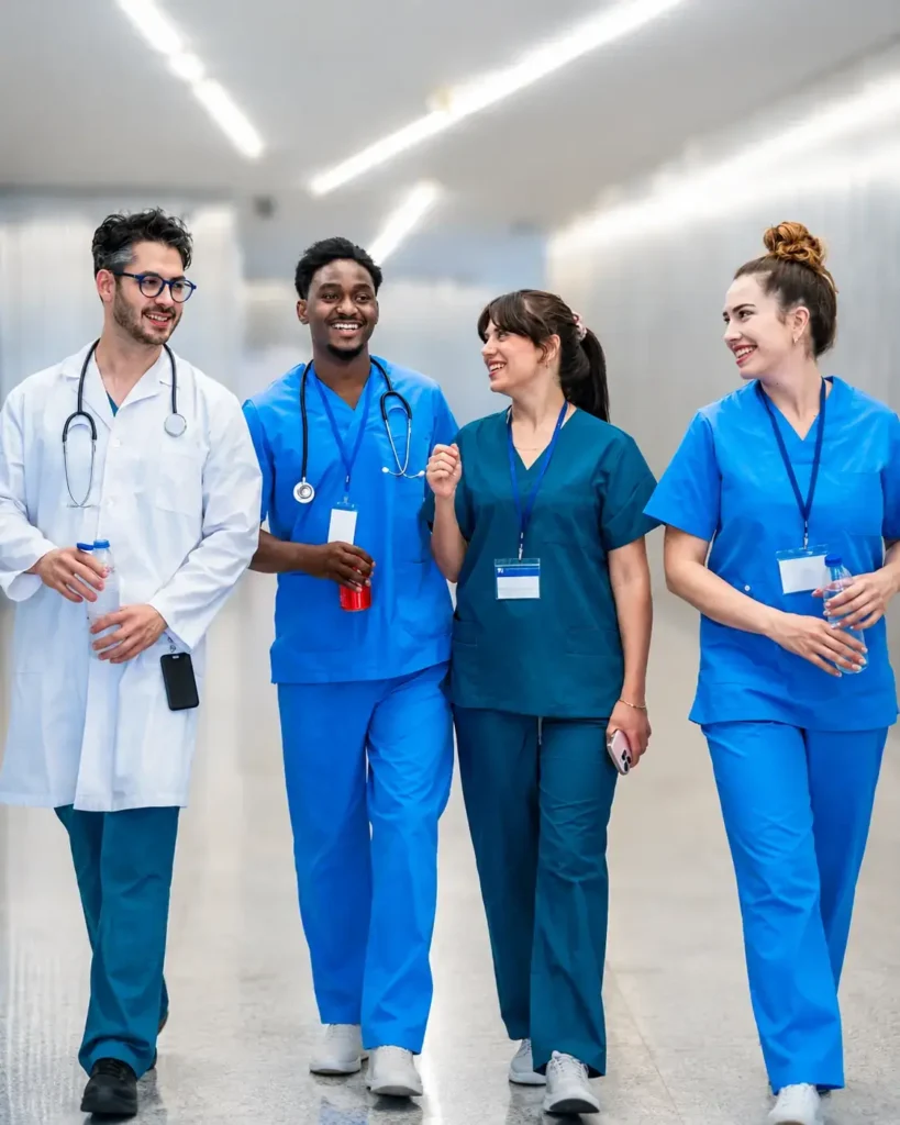 Diverse medical staff wearing coordinated blue and teal scrub uniforms with ID badges and stethoscopes in a hospital corridor.