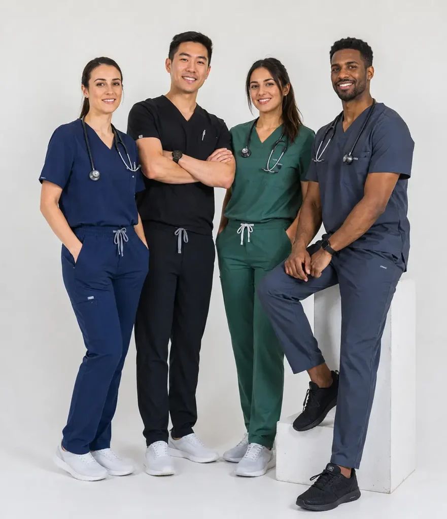 Four healthcare professionals model navy, black, green and gray medical scrub uniforms with drawstring pants and stethoscopes.