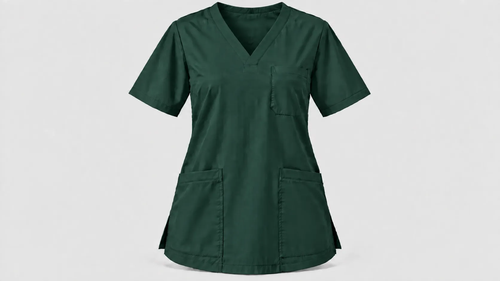 Hunter green medical scrub top featuring a V-neck, three front pockets, short sleeves and a relaxed fit.