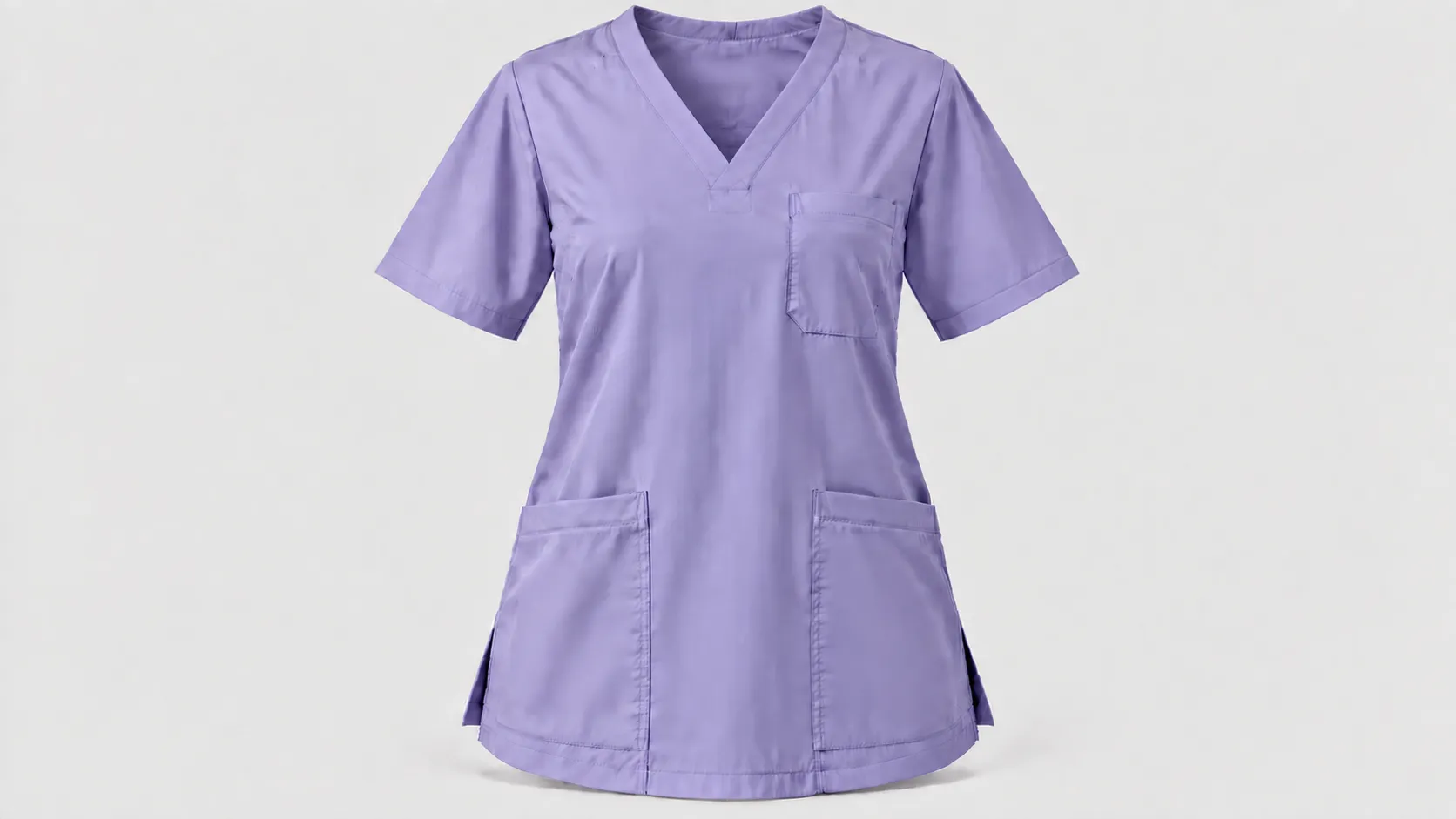 Lavender V-neck scrub top with short sleeves, chest pocket, two lower patch pockets and side vents.