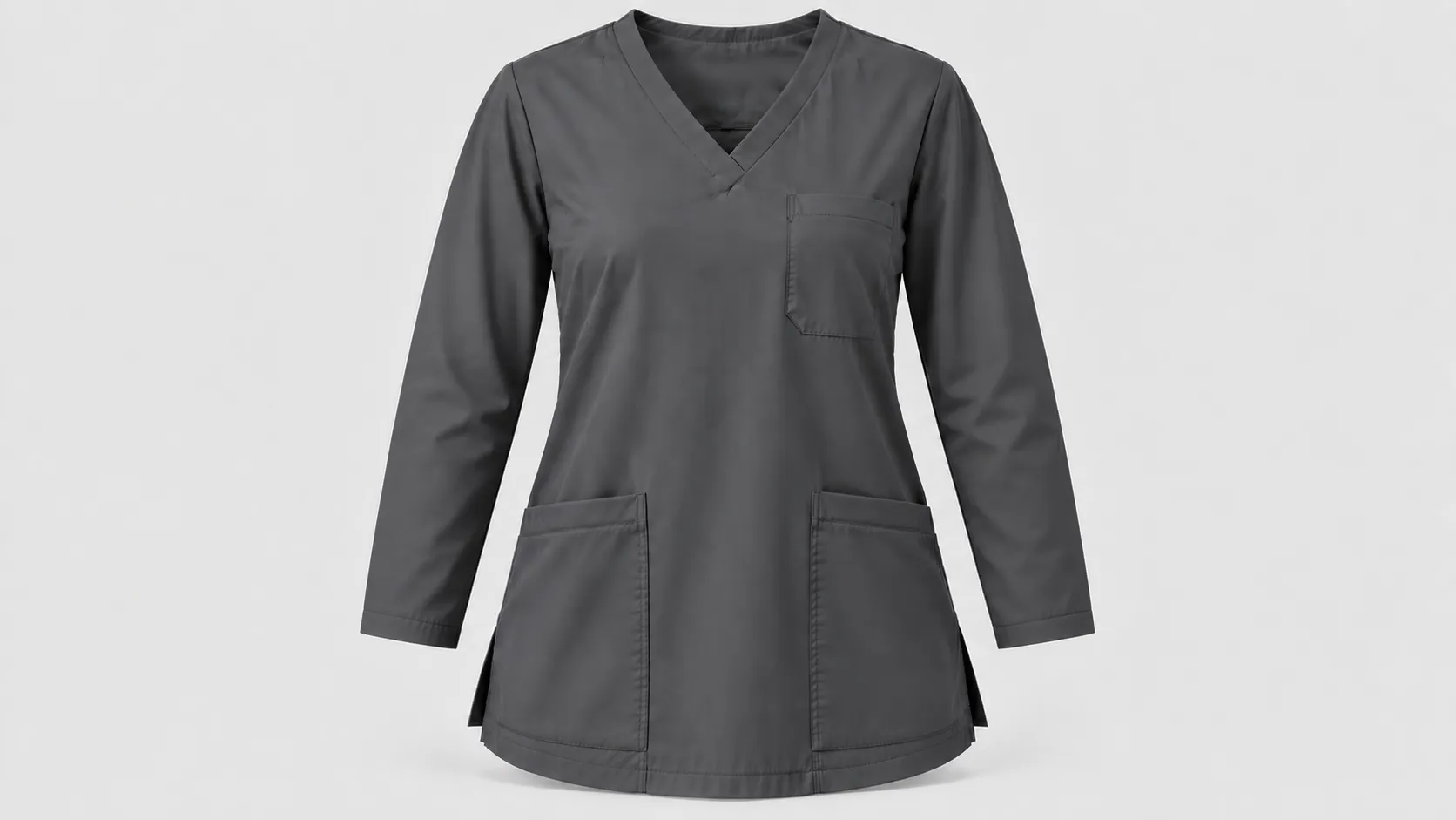 Gray V-neck scrub top with full-length sleeves, two large front pockets and a chest pocket.