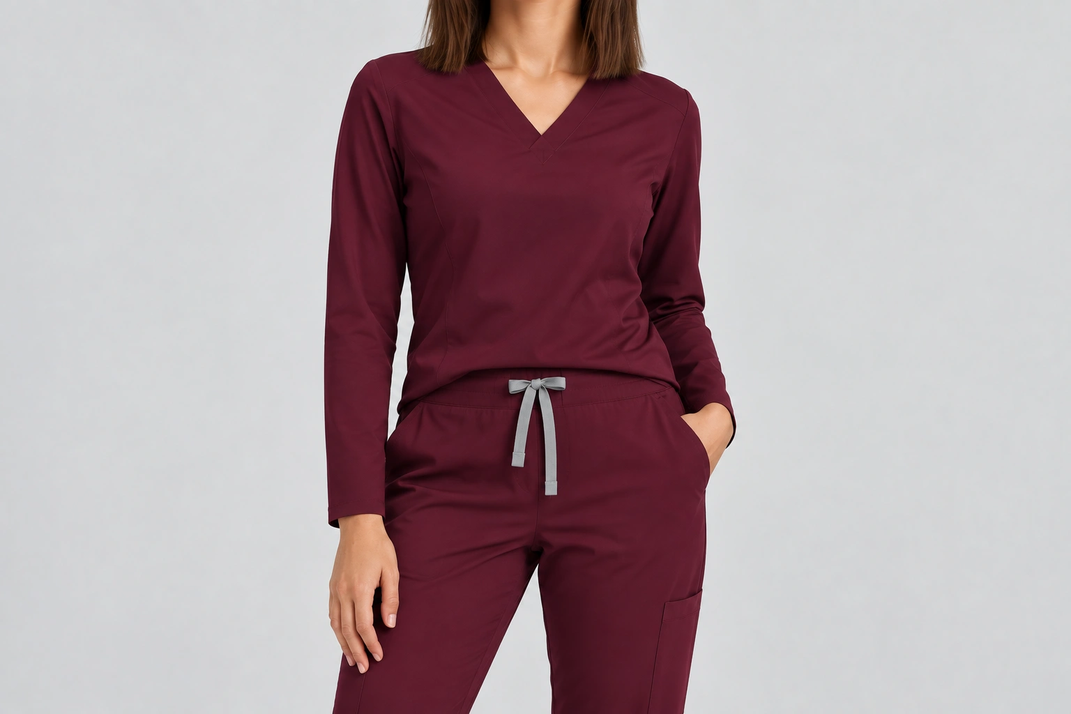 Burgundy V-neck long-sleeve underscrub top layered with matching women's medical scrub pants.
