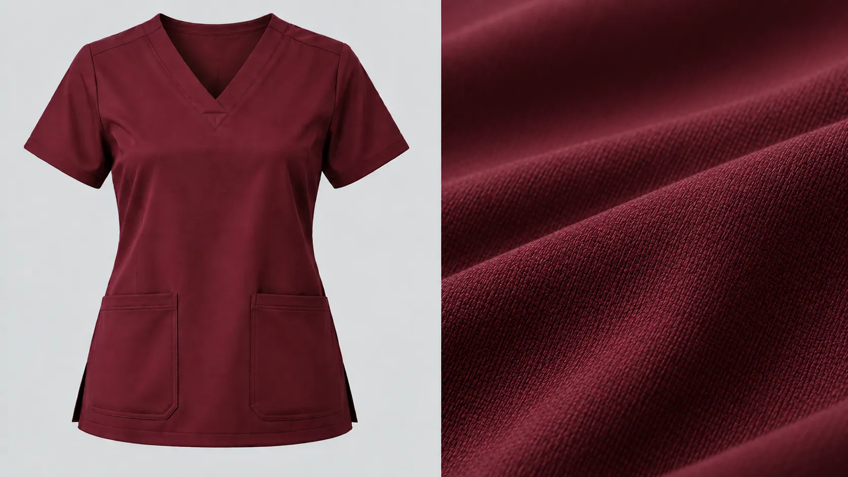 Burgundy V-neck scrub top with two front pockets shown beside a close-up of lyocell fabric.