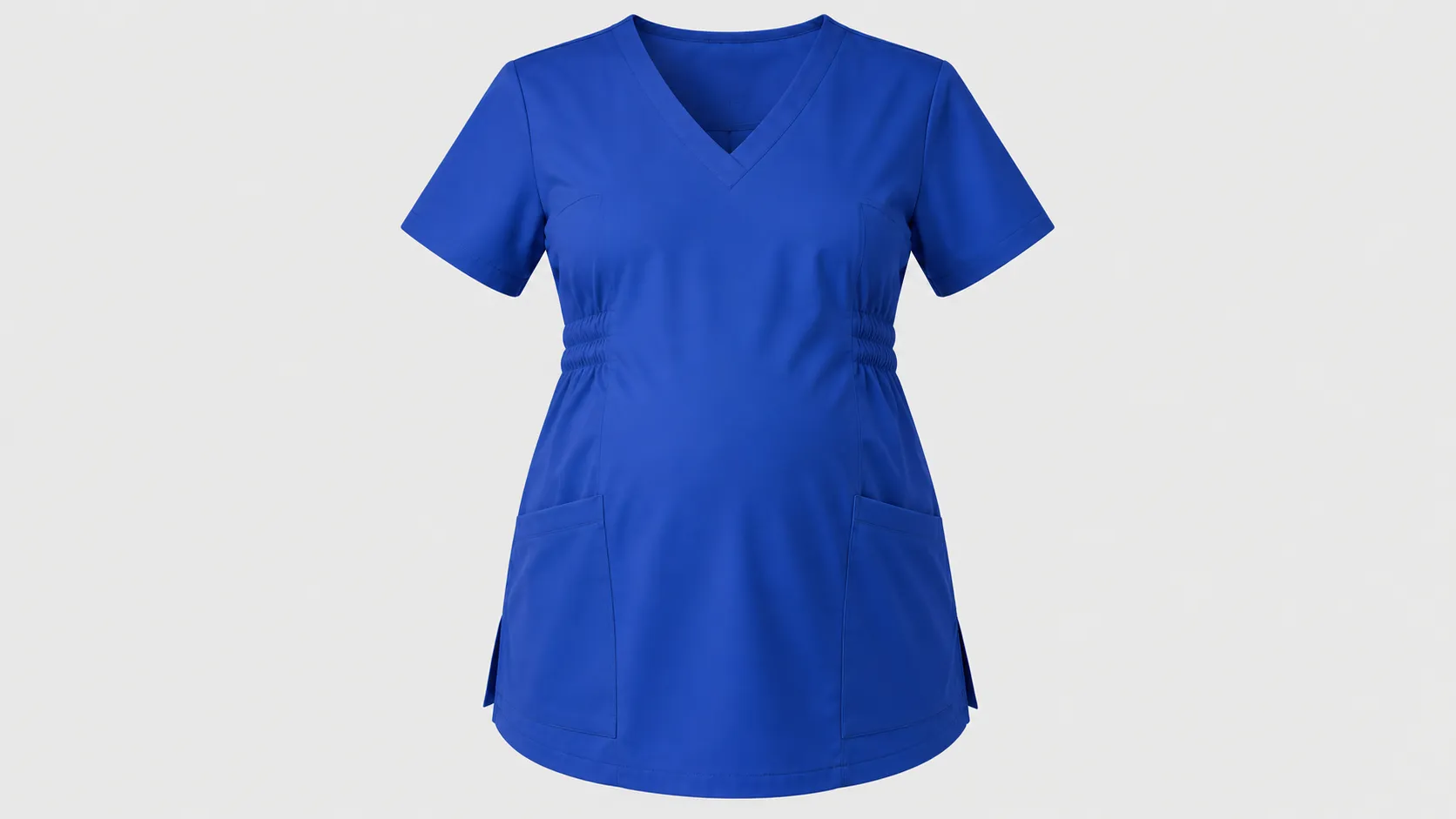 Royal blue maternity scrub top with V-neck, short sleeves, flexible side waist and two front pockets.
