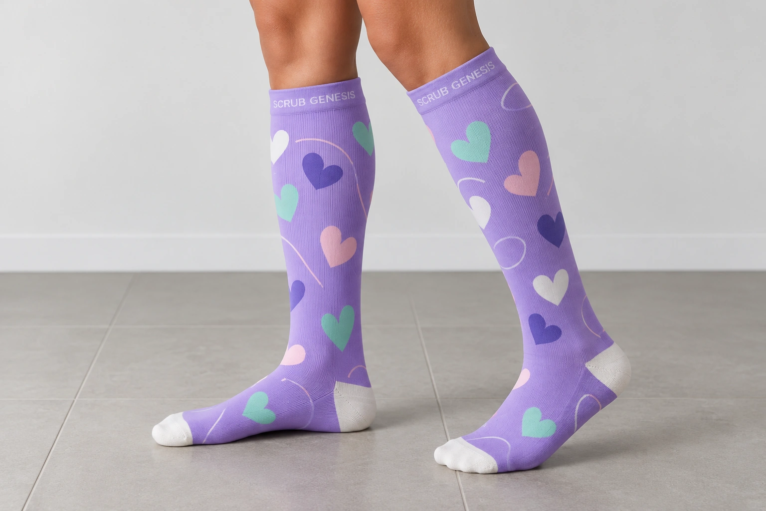 Purple medical compression socks with multicolor hearts, white heels and toes, shown worn knee-high.