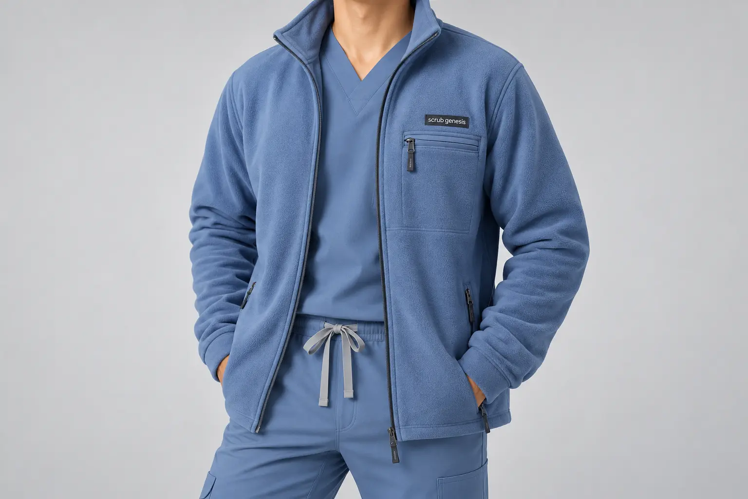 Healthcare professional wearing a blue zip-up fleece scrub jacket with chest and side pockets over medical scrubs.