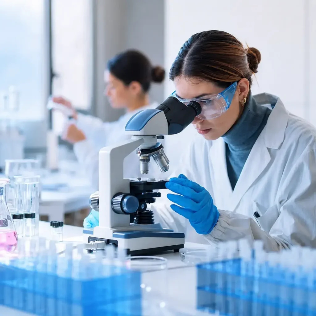 Medical laboratory worker wearing the clinical apparel in protective eyewear, gloves and a white lab coat uses a microscope beside testing equipment and tubes.