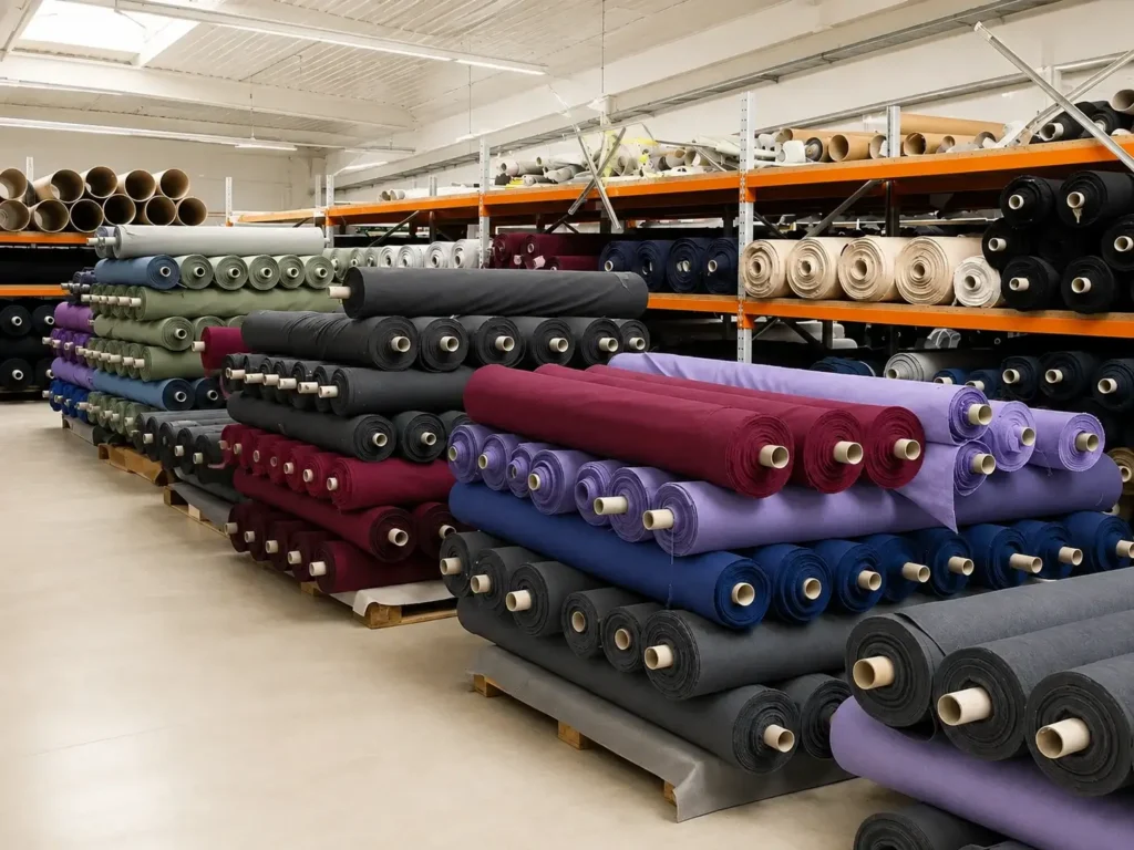 Warehouse stocked with large rolls of colored performance fabrics prepared for wholesale scrub and medical apparel production.