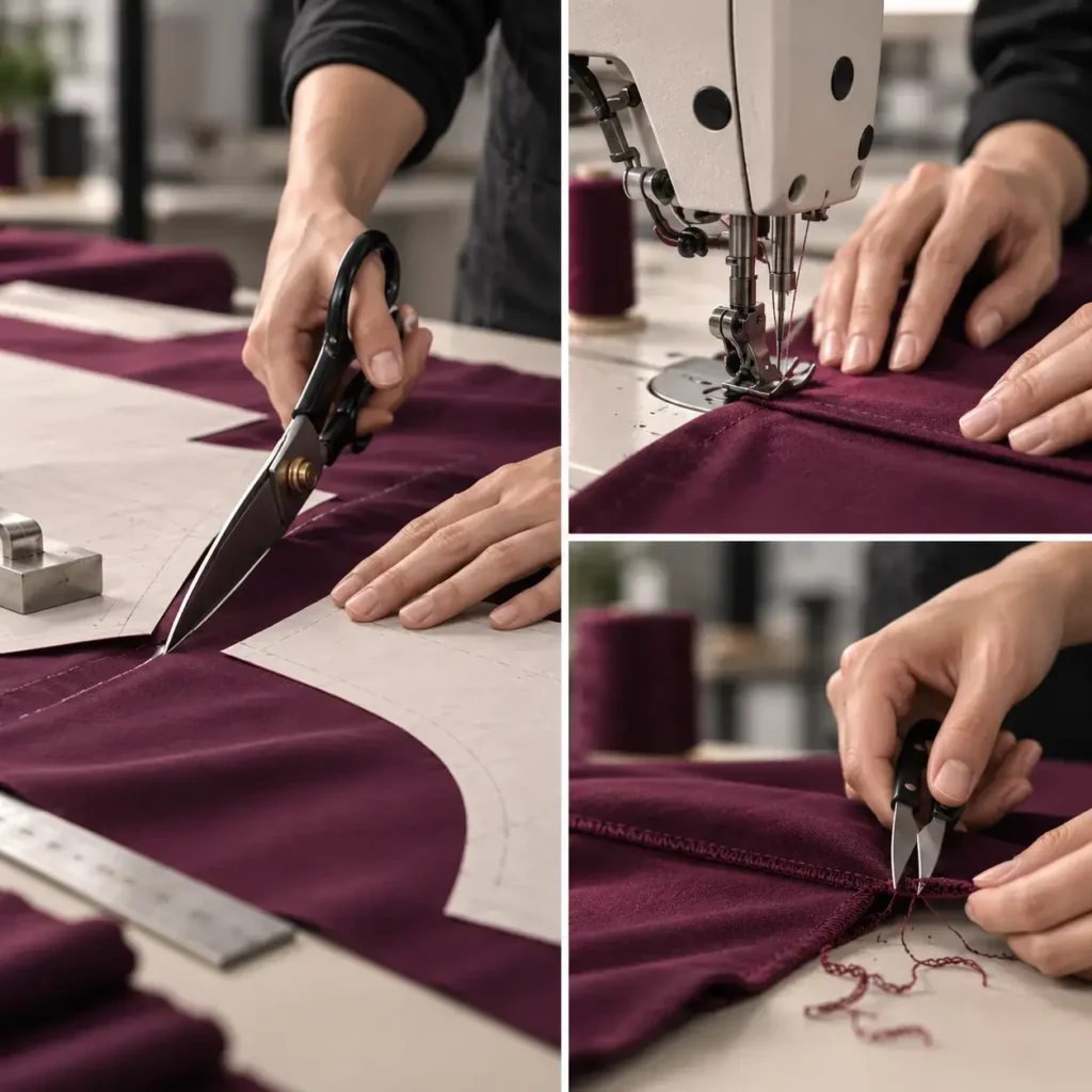 Medical textile manufacturing process showing burgundy fabric pattern cutting, industrial sewing and professional seam finishing.
