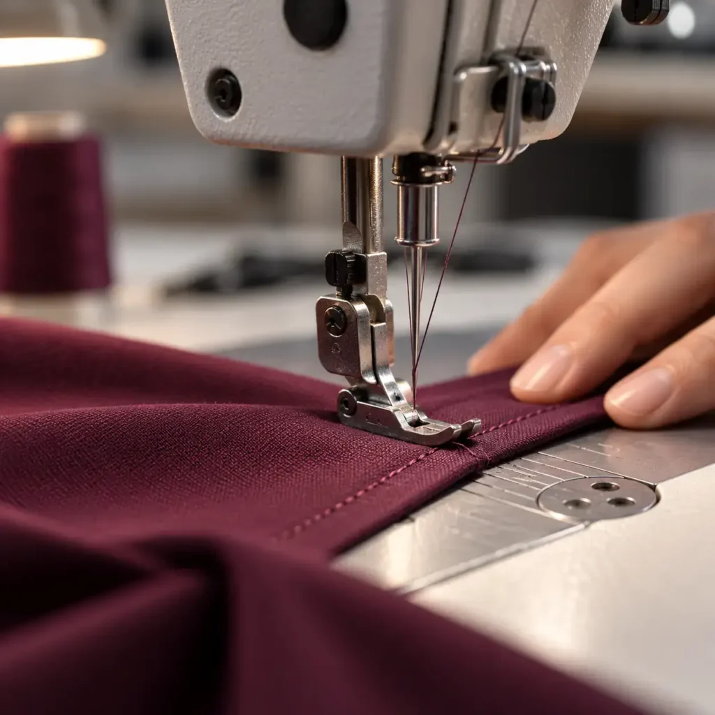 Industrial sewing machine stitching burgundy scrub fabric with precision seams during professional medical uniform production.