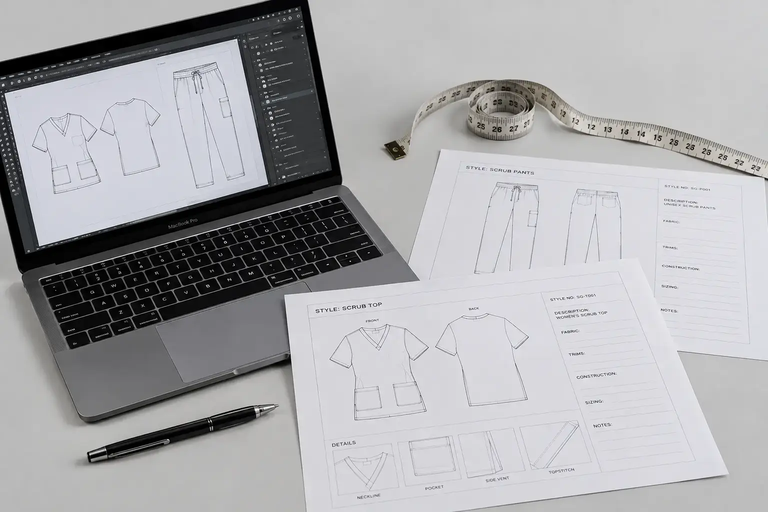 Manufacturing for medical scrubs demonstrating the apparel design and development with drawings displayed beside a laptop and measuring tape.