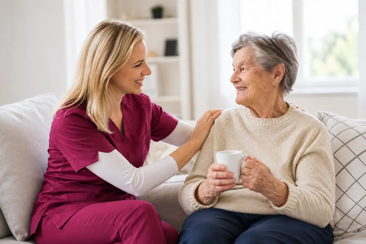The US home healthcare worker wearing burgundy scrubs and assisting an older woman in home setting.