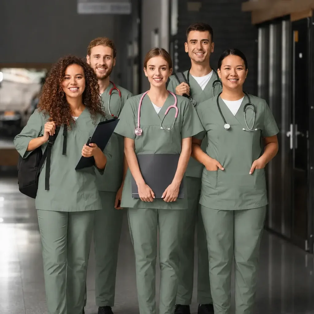 Medical students in coordinated sage green scrubs carry stethoscopes, folders and a backpack inside a medical school building.